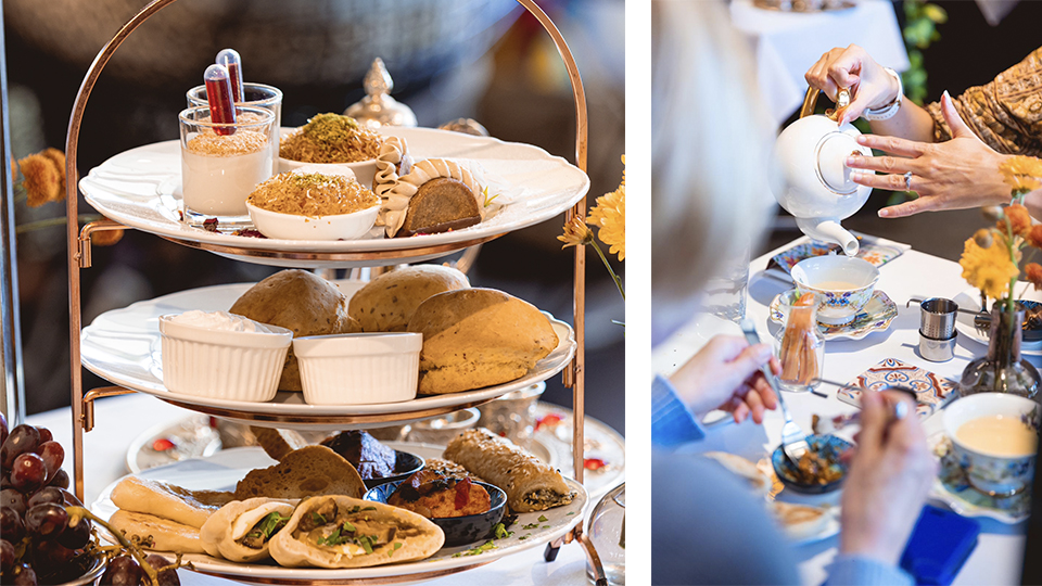 Photo of pastries and high tea treats. And close up of tea takers pouring tea into a teacup