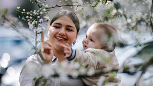 Woman holding a baby as they reach towards flowering branches covered in white spring blossoms.