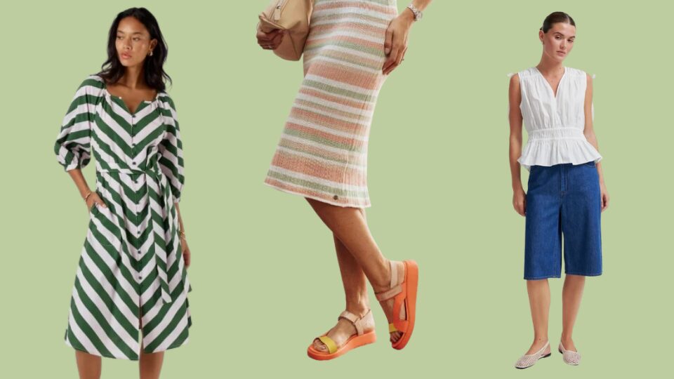 Spring fashion looks featuring a green and white striped dress from Energie Spirit, pastel knit dress with sandals from Step Ahead Shoes, and white blouse with denim shorts from Urban Soul.