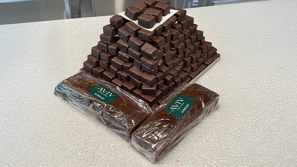 Display of packaged Aviv honey cakes alongside a pyramid of small chocolate-coated cakes on a bakery counter.