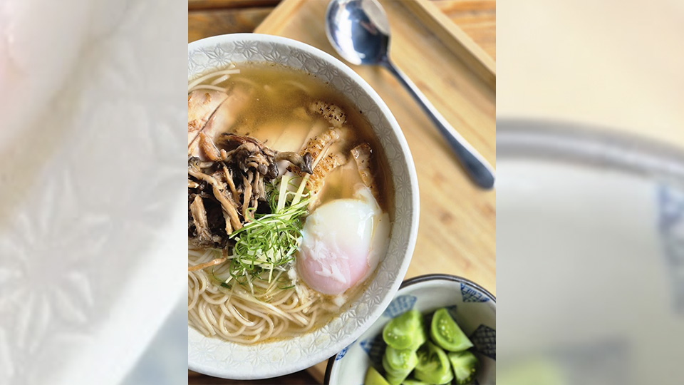 Dawn Bakery - sous-vide torched chicken Somen in Dashi Maitake Fricassée with an onsen egg