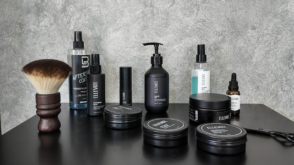 Photo of a collection of in-house products for Ellevate Hair Studio