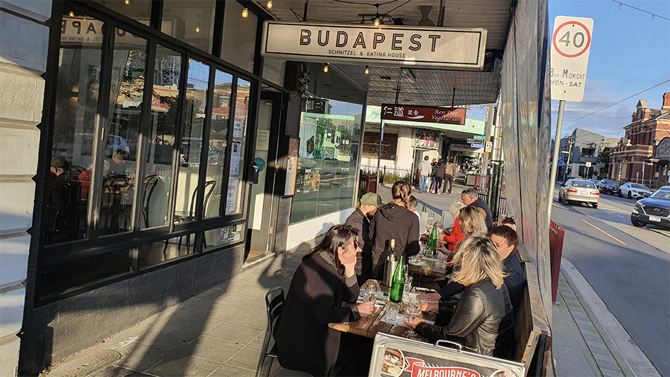 Diners enjoying an outdoor meal at Budapest restaurant on Glen Huntly Road in Elsternwick.